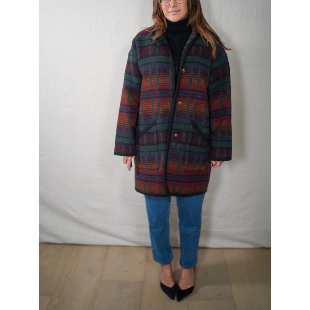 Vintage Oversized Plaid Wool Coat in Forest Green & Oxblood - Picture 2 of 10